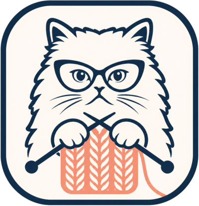 Gabi Knits logo: a cat in glasses knitting